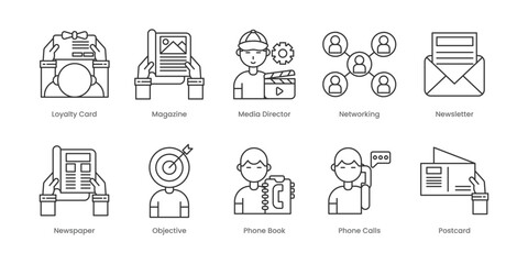 Traditional Marketing  Outline Icons Set – Loyalty Card, Magazine, Media Director, Networking, Newsletter, Newspaper, Objective, Phone Book, Phone Calls, Postcard, Editable Stroke.