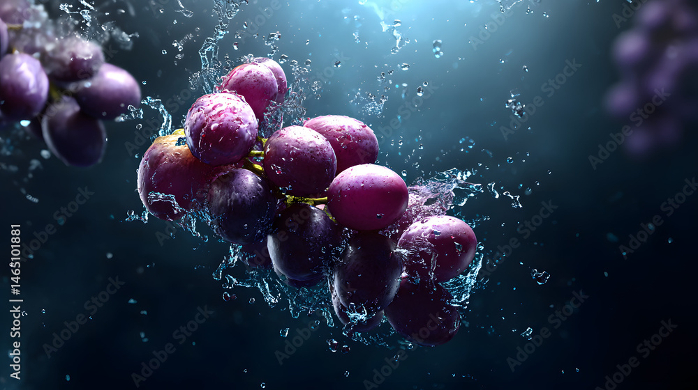 Poster grape splash: vivid close-up of grapes immersed in water, with droplets in a dynamic moment of refre