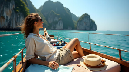 A Woman Enjoys a Luxurious Boat Trip Amidst Tropical Islands, Basking in the Sun and Scenic Beauty, creating an unforgettable moment of relaxation