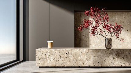 Modern Minimalist Interior Design Beige Stone Countertop with Coffee and Red Berry Branch