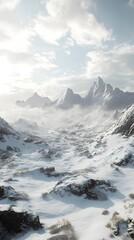Fototapeta premium Towering snow covered peaks rise above a vast frozen landscape creating a dramatic and scene of untamed natural beauty