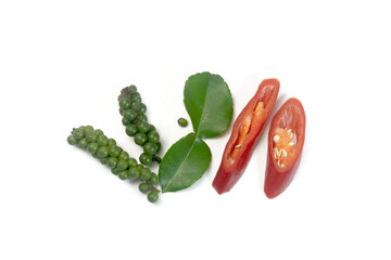 Fresh Chili, Pepper, Kaffir Lime Leaves Isolated