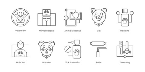 Veterinary  Outline Icons Set – Veterinary, Animal Checkup, Animal Hospital, Cat, Medicine, Hamster, Male Vet, Roller, Tick Prevention, Goldfish, Editable Stroke.