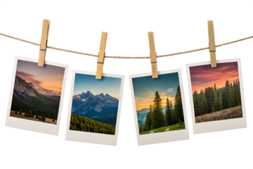Four landscape photos hanging on a string with clothespins against a black background scenery display