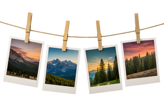 Four landscape photos hanging on a string with clothespins against a black background scenery display