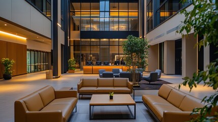 Modern Interior Lounge Space Featuring Leather Sofas, Tables, Potted Plants, and Contemporary Architecture Elements