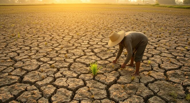 Farmer planting seedling in parched field against rising sun illuminating hope - Powered by Adobe