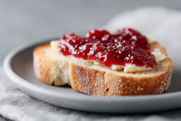 A tantalizing symphony of crusty artisan bread with ruby-hued jam, evoking Sourdough Day, complete with creamy breakfast nostalgia