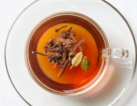 Glass cup of herbal tea. glass sbiten honey, molasses, herbs spices. Traditional Zbiten an old Slavic drink hot decoction of herbs and spices with honey. birch leaves, calamus, labial flowers, sage