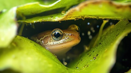 Tadpole hiding behind floating leaves
