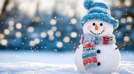 Fototapeta premium A delightful snowman dressed for winter, showcasing seasonal charm.