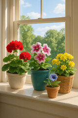 Geraniums and petunias on bright windowsill in colorful pots