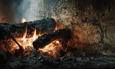 Close-up burning logs in cozy rustic fireplace glowing with warmth in moody cinematic atmosphere - Powered by Adobe