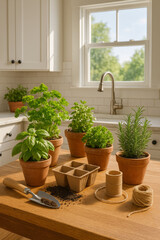 Kitchen herb garden with potted basil, rosemary and more