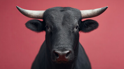 Naklejka premium Majestic black bull against vivid red, symbolizing strength and tradition, perfect for San Fermin or Lunar New Year imagery