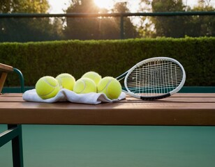 A close-up of a tennis racket and bright yellow tennis balls on a wooden bench under the warm sunlight.