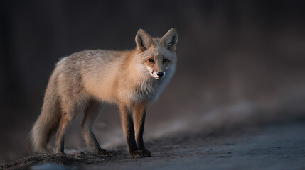 Rusty-hued fox pauses on shadowy path, embodying the wild elegance of Samhain's midnight mystery and Kitsune folklore