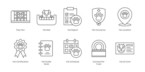 Veterinary  Outline Icons Set – Pet Bed, Pet Insurance, Play Pen, Vet Report, Vet Certification, Vet Guide Book, Vet Location, Vet Schedule, Canned Pet Food, Vet Id Card, Editable Stroke.