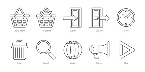 Web Outline Icons Set – Refresh, Sign In, X (Close), Bullhorn, Clock, Globe, Headphones, Lightbulb, Location Pin, Mic, Editable Stroke.