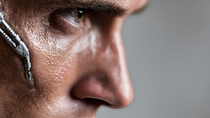 Close-up of cybernetic male visage merging humanity and technology, evokes Transhumanist paradigms, perfect for Cyber Monday visuals