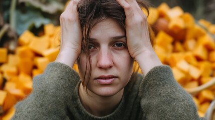 Amidst radiant pumpkin heaps, a pensive Caucasian woman contemplates seasonal change, evoking World Mental Health Day introspection