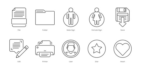 Web Outline Icons Set – Female Sign, File, Folder, Male Sign, Phone, Printer, Save, User, Briefcase, Brush, Editable Stroke.