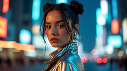 A young woman's captivating gaze in the city at night. The vibrant lights of the city provide a stunning backdrop.