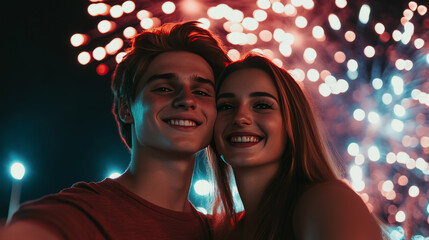 Joyful young couple, luminous fireworks dance behind, embracing Diwali's radiant allure and Bonfire Night's vibrant spark