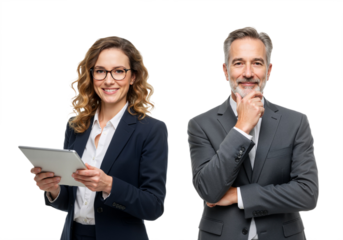 Man and woman with a tablet isolated on a transparent background