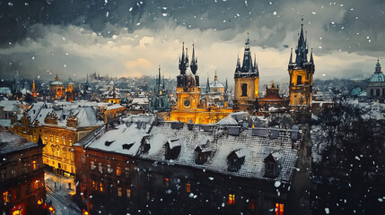 Twilight snowflakes dance over a medieval cityscape, evoking Krampusnacht, bohemian spires glowing amidst frosty winter's embrace