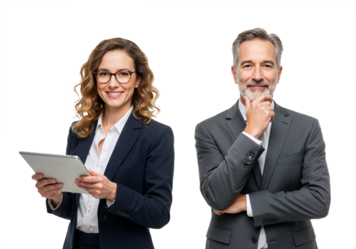 Man and woman with a tablet isolated on a transparent background