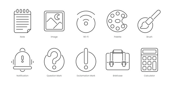 Web Outline Icons Set – Calculator, Exclamation Mark, Heart, Image, Note, Notification, Palette, Question Mark, Star, Wi-Fi, Editable Stroke.