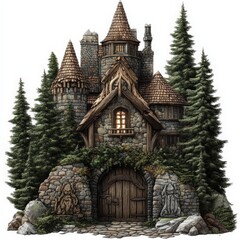 Enchanted Stone Castle nestled in a lush evergreen forest