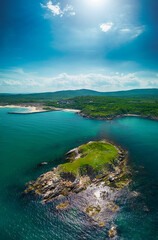 Drone aerial view during the day
 on the Saint Thomas rocks Saint Toma island. Snake island.