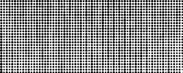 Black circular dots on white background. Mosaic holey print. Perforated metal texture. Peg board, radiator or speaker grill surface with repeated round holes. Vector graphic illustration.