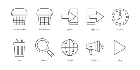 Web Outline Icons Set – Full Cart, Sign In, Sign Out, X (Close), Bullhorn, Clock, Globe, Headphones, Mic, Play, Editable Stroke.