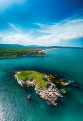 Drone aerial view during the day
 on the Saint Thomas rocks Saint Toma island. Snake island.
