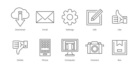 Web Outline Icons Set – Target, Upload, Box, Camera, Computer, Dislike, Edit, File, Like, Phone, Editable Stroke.
