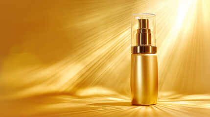 Golden radiance illuminating luxury serum bottle with elegant pump on glowing background