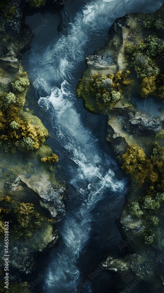 Aufkleber powerful stream rushing through a rugged lush environment with water cascading over mossy rocks and 