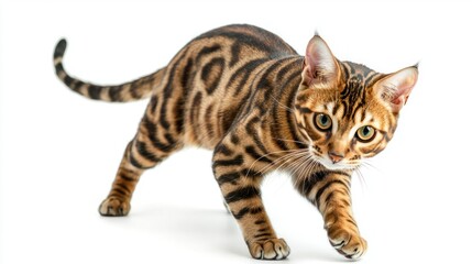 Three-quarter view of a curious Bengal cat exploring, white background