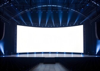 Concert stage with giant curved white blank screen, immersive lighting effects background