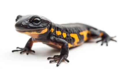 Three-quarter view of a salamander crawling, white background