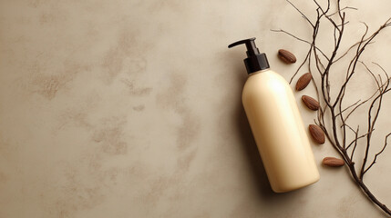 Natural skincare bottle with almonds and dry branches on earthy beige background