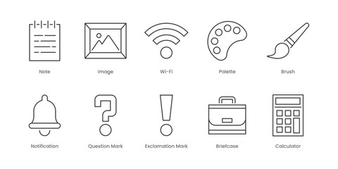 Web Outline Icons Set – Exclamation Mark, Heart, Image, Note, Notification, Palette, Question Mark, Wi-Fi, Briefcase, Calculator, Editable Stroke.
