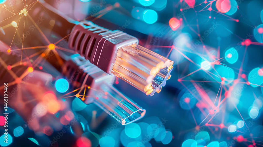 Poster illustrating fast data transfer with network cables and colorful lights
