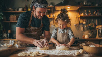 A man and a girl are making bread together