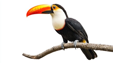 Fototapeta premium Three-quarter view of a toucan perched on a branch, white background