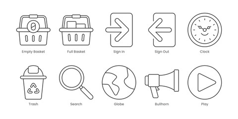 Web Outline Icons Set – Clock, Empty Basket, Full Basket, Search, Sign In, Sign Out, Trash, Bullhorn, Globe, Headphones, Editable Stroke.