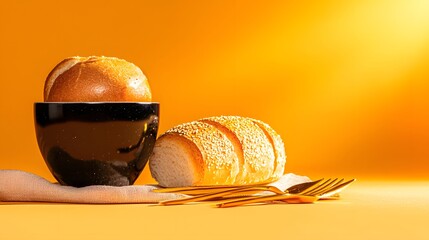 Flatlay of Golden Bread Rolls and Wheat on Yellow Background